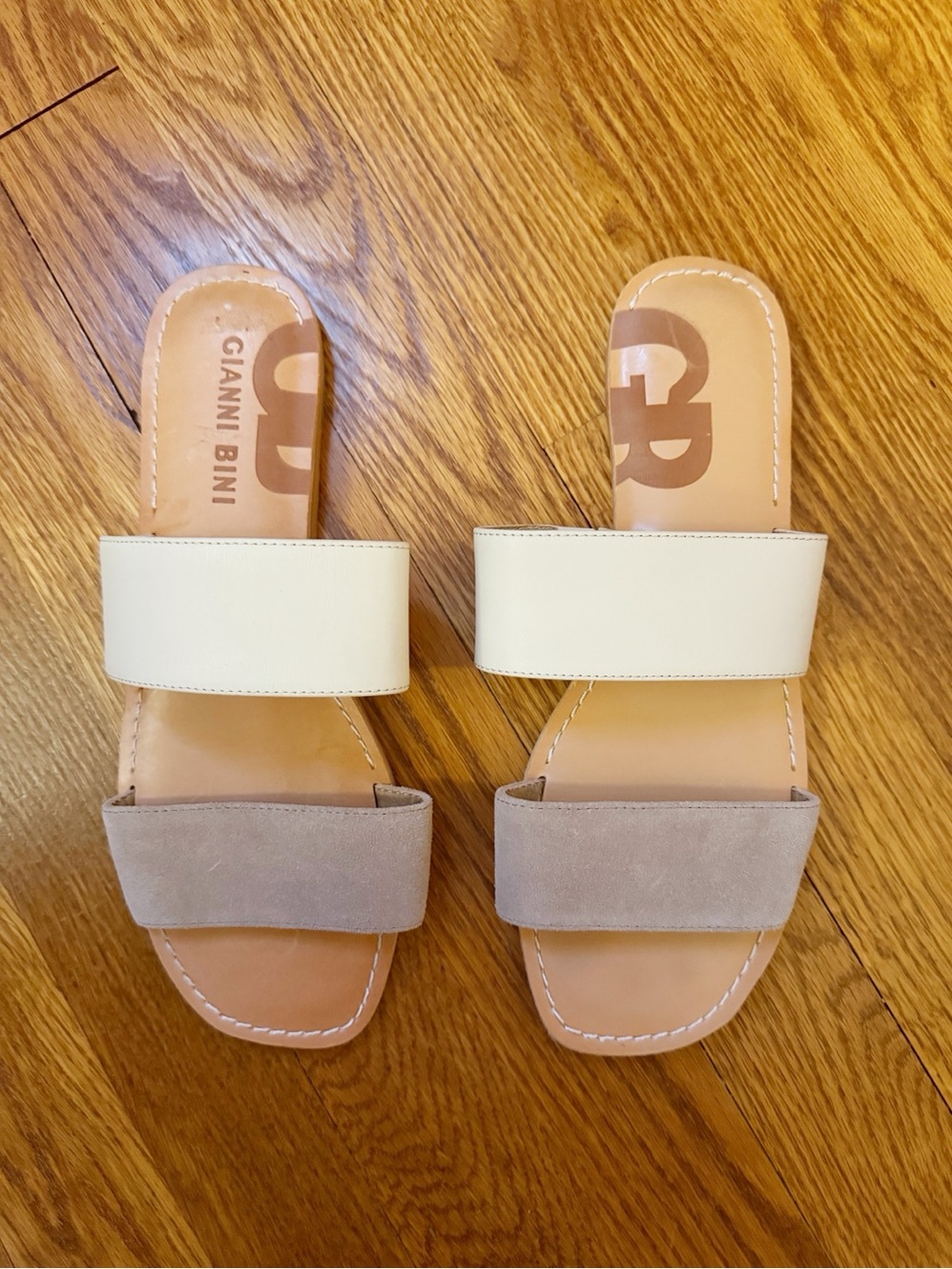 Gianni Bini Cream and Taupe Leather Double-Band Slide Sandals Size 8M
